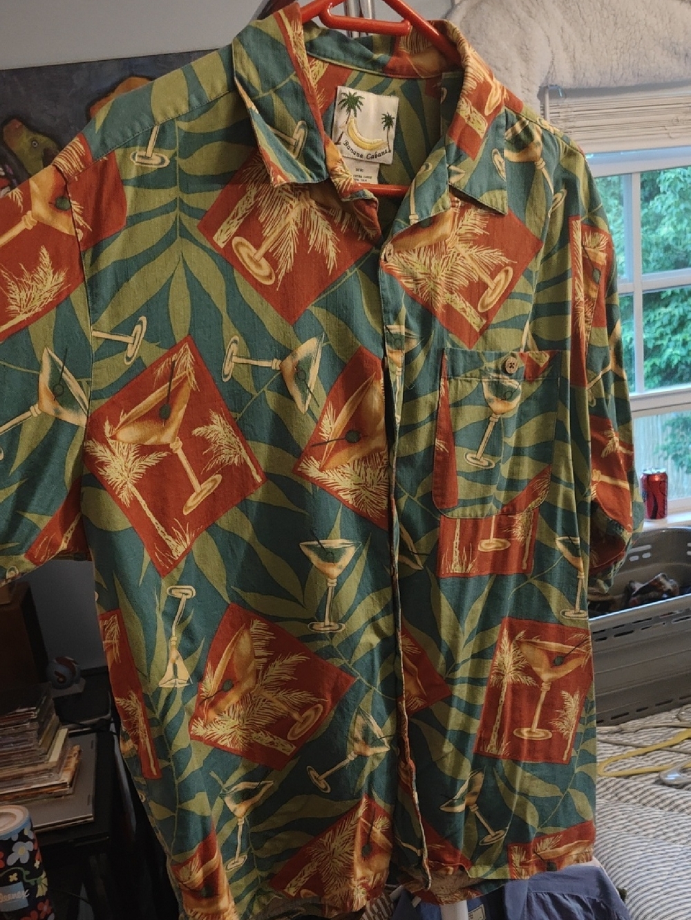 Banana Cabana XL Men's Silk Hawaiian Shirt - Teal & Rust Tropical Print